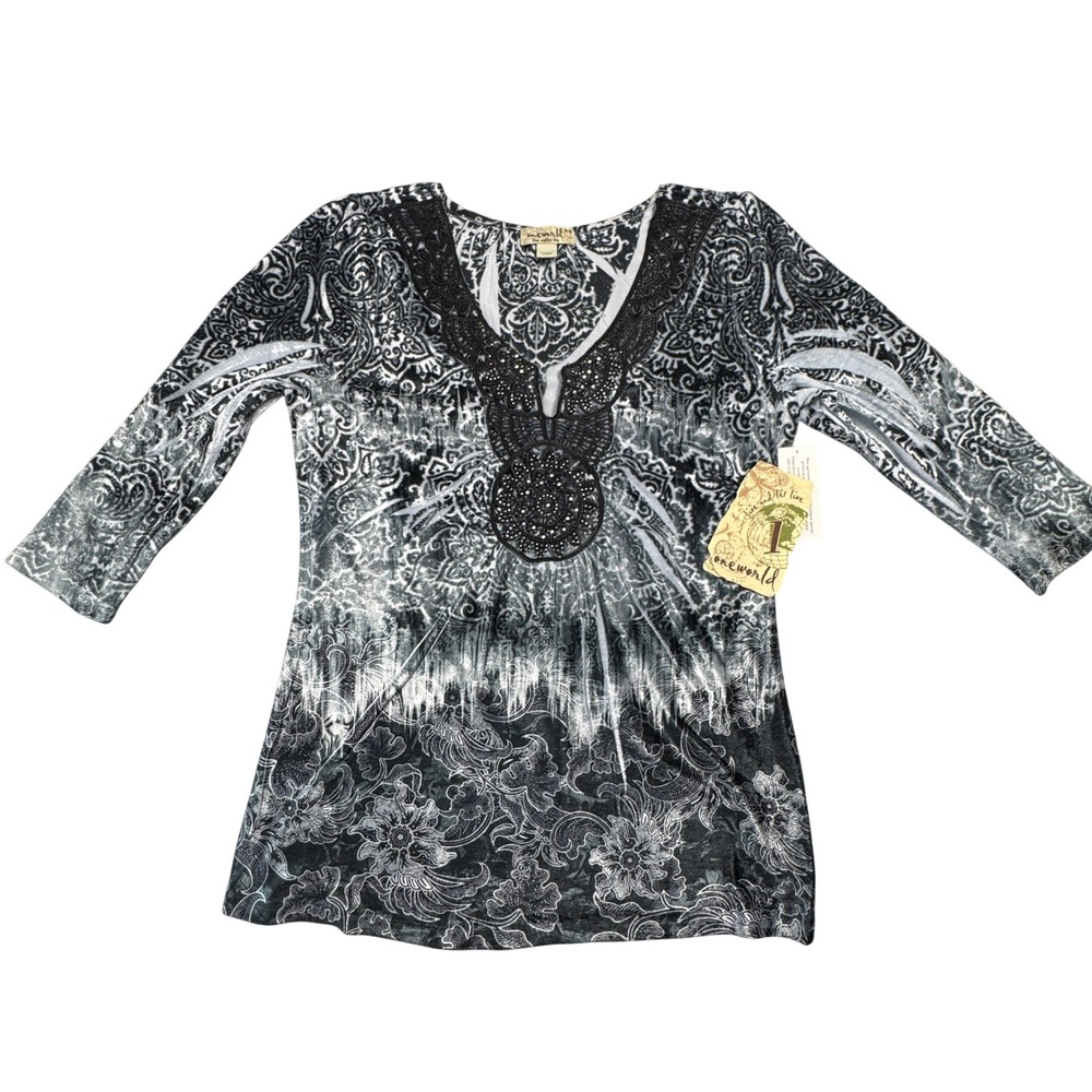 NWT One World Black White Paisley Beaded V Neck 3/4 Sleeve Tunic Top Women's XS